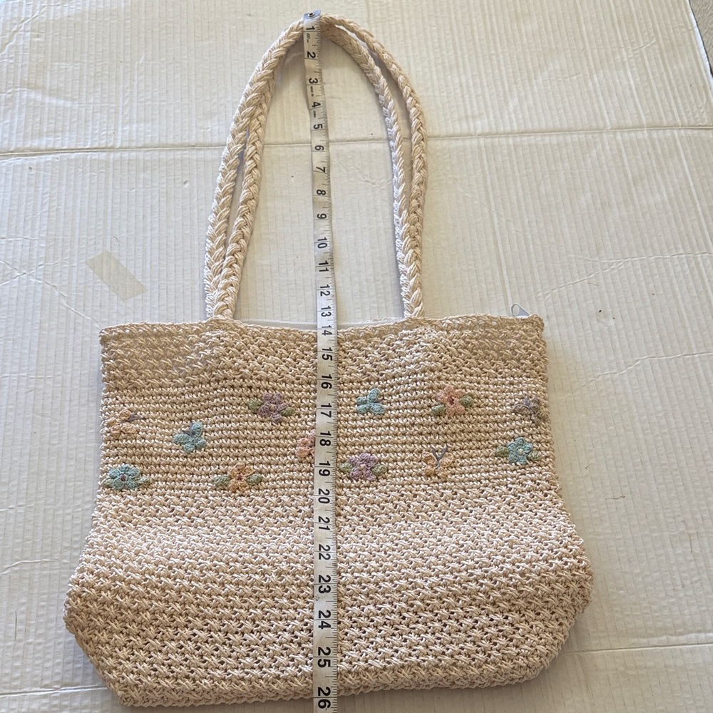 Woven Cream Crochet Shoulder Tote Bag Pastel Floral Embroidered Cottagecore - Picture 9 of 12